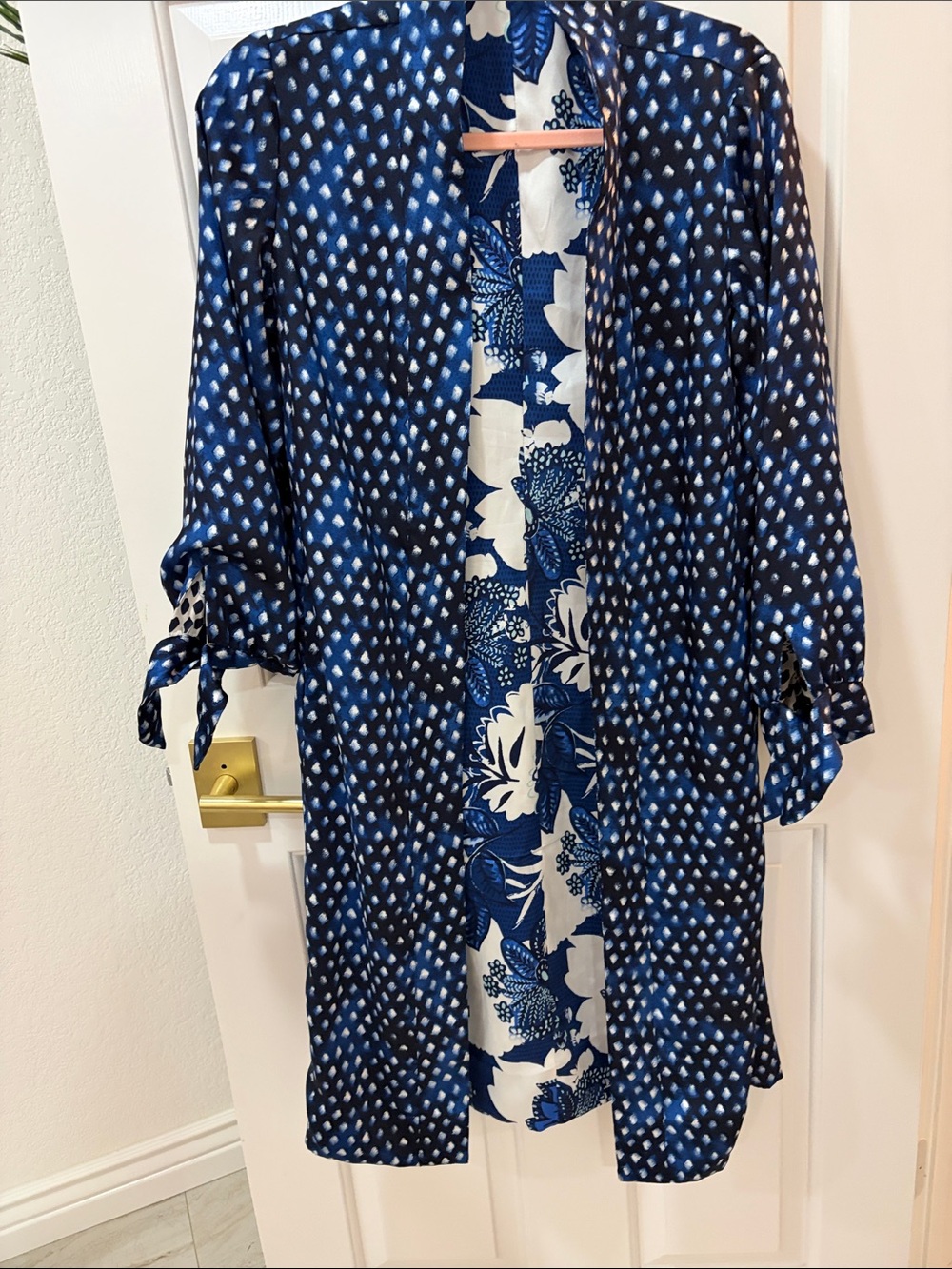 Chico's Navy and White Floral Tie-Sleeve Long Sleeve Dress - Picture 8 of 8